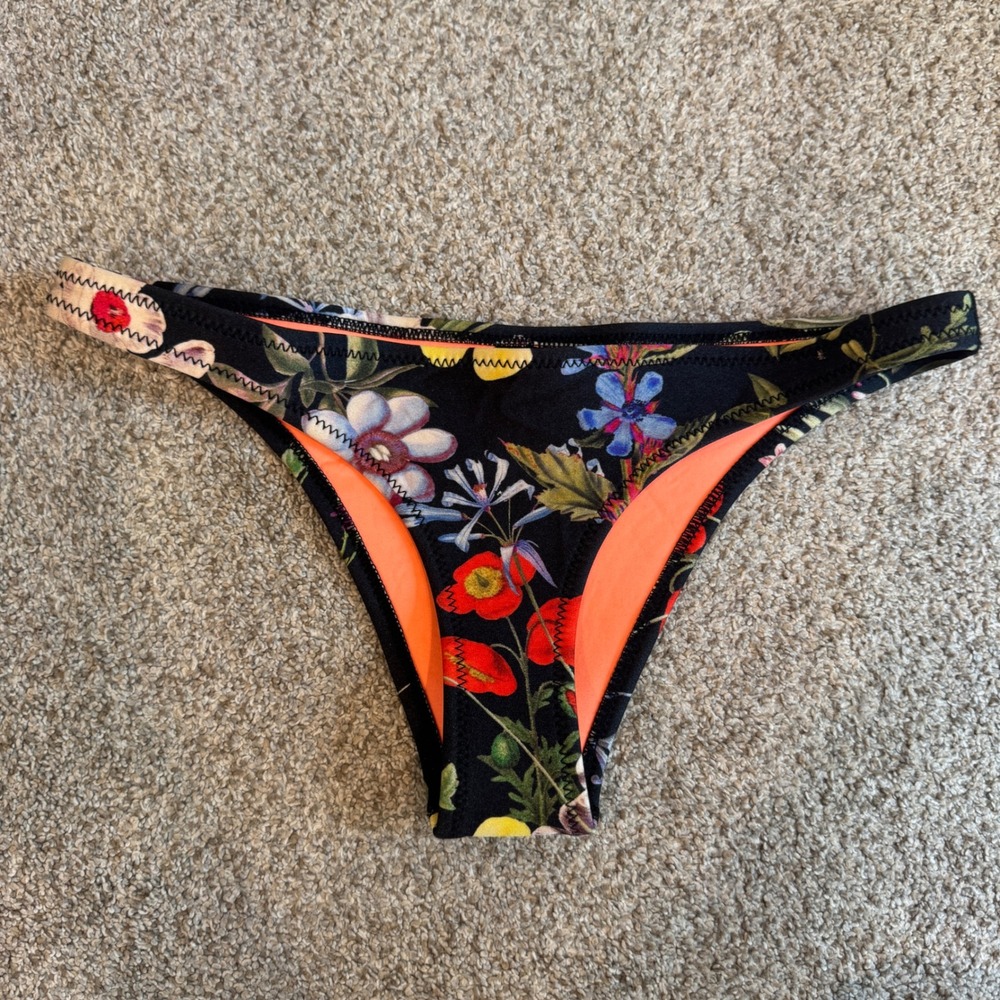 Triangl Floral Neoprene Bikini Bottoms Black Neon Orange Small Cheeky Low Rise
